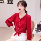 Long-sleeve Bow Accent Button Top