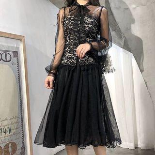 Lace Trim Mesh Blouse / Midi Mesh Skirt