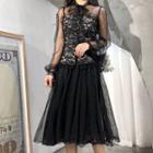 Lace Trim Mesh Blouse / Midi Mesh Skirt