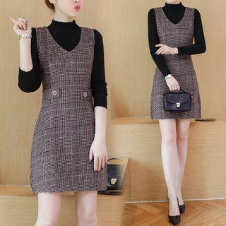 Set: Mock-turtleneck Ribbed Knit Top + Plaid Double-breasted Pinafore Dress