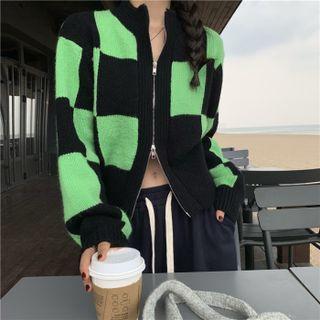 Checkerboard Zip-up Cardigan