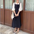 Puff-sleeve Buttoned Placket Blouse / A-line Midi Dungaree Dress