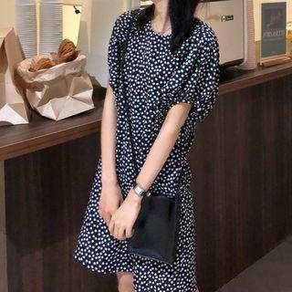 Dotted Short-sleeve A-line Dress Black & White - One Size