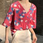 Elbow-sleeve Flower Print V-neck Blouse As Shown In Figure - One Size