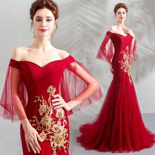 Embroidered Off Shoulder Mermaid Wedding Gown
