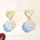 Heart & Faux Pearl Bobble Earring A216 - 1 Pair - Gold & White - One Size