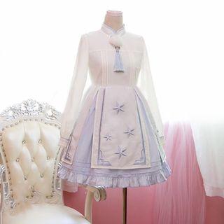 Set: Embroidered Long-sleeve Mandarin Collar Dress + Snap-button Coat