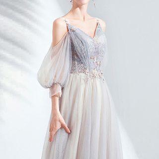 Leaf Print Cold Shoulder A-line Evening Gown