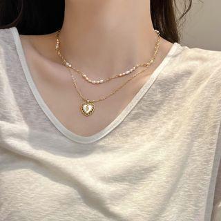 Heart Pendant Faux Pearl Layered Alloy Necklace 1 Pc - Gold - One Size