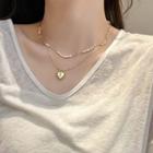 Heart Pendant Faux Pearl Layered Alloy Necklace 1 Pc - Gold - One Size