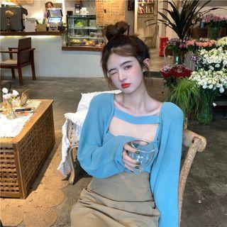 Set: Long Sleeve Cut-out Plain Shrug + Spaghetti Strap Plain Knit Camisole