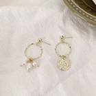 Non-matching Coin Faux Pearl Dangle Earring