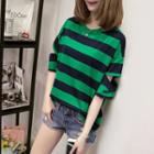Ripped Striped Elbow-sleeve T-shirt