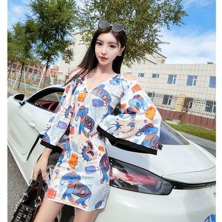 3/4-sleeve Elephant Print Mini Sheath Dress