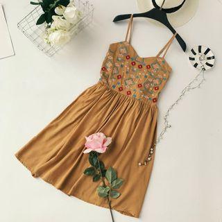 Spaghetti Strap Embroidered A-line Dress