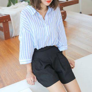 3/4-sleeve Half-placket Striped Top