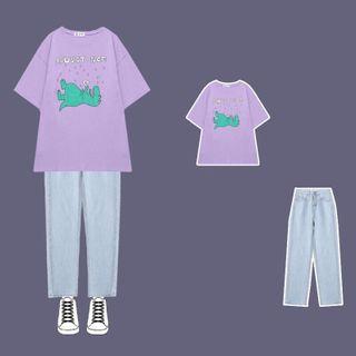 Printed Short-sleeve T-shirt / Cropped Straight-fit Jeans