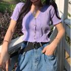 Short-sleeve Pointelle Knit Cardigan Purple - One Size
