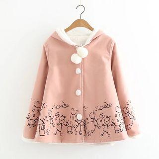 Pompom-detail Printed Fleece Lined Jacket