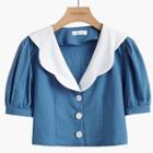 Puff-sleeve Buttoned Blouse Blue - One Size