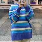 Long-sleeve Striped Sweater Purplish Blue - One Size