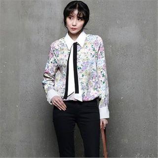 Scarf-neck Contrast-trim Floral Blouse