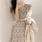 V Neck Tie-waist Short Sleeve Floral Chiffon Dress