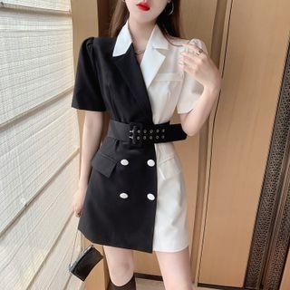 Double-breasted Color Block Dress With Belt
