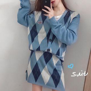 Set: Check Cardigan + Knit Skirt