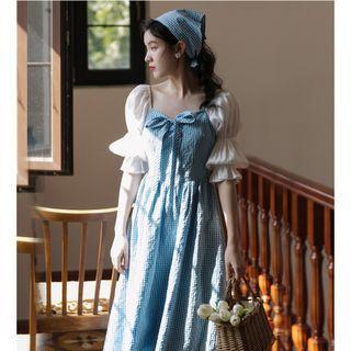 Set: Short-sleeve Plaid Midi A-line Dress + Head Band