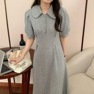 Polo Collar Puff-sleeve Midi Dress