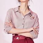 Flower Embroidered Pinstriped Elbow Sleeve Shirt