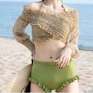 Set: Halter-neck Bikini Top + Ruffle Trim Bottom + Printed Cover-up