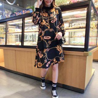 Long-sleeve Floral Print Short Dress