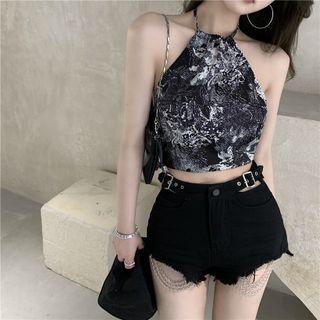 Halter-neck Print Cropped Camisole Top / Denim Hot Pants