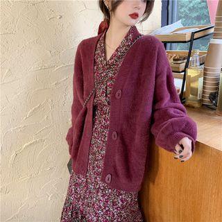 Long-sleeve Plain Cardigan / Long-sleeve Floral Printed Dress