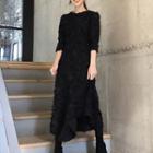 3/4-sleeve Furry Evening Midi Dress