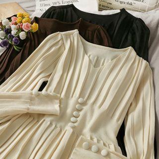 V-neck Pleated Knit Midi Dress