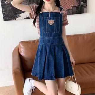 Heart Embroidered Mini Denim Overall Dress