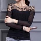 Embroidered Mesh Panel Long-sleeve Top