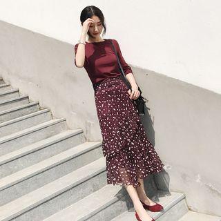 Set: Long-sleeve Top + Midi Floral Chiffon Skirt