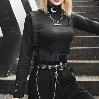 Mock-turtleneck Crescent Embroidered Long-sleeve Top Black - One Size