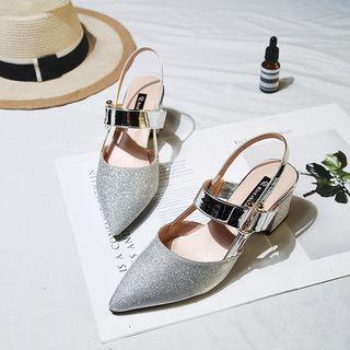 Chunky Heel Metallic Pointed Sandals