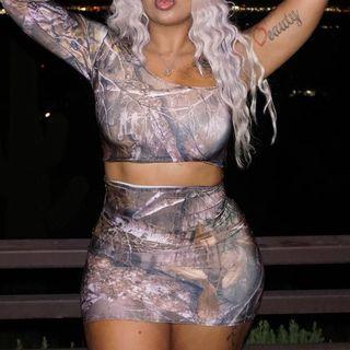 Set: One-shoulder Printed Crop Top + Mini Pencil Skirt