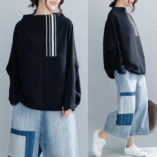 Mock-neck Striped Panel Sweatshirt Black - One Size