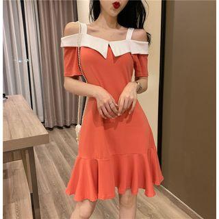 Short-sleeve Off-shoulder Color Block Mermaid Dress