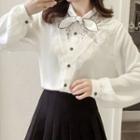 Long-sleeve Bow-neck Lace Panel Blouse