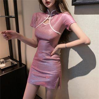 Short-sleeve Mandarin Collar Mini A-line Dress