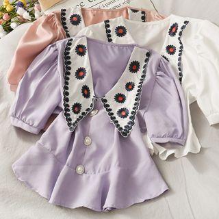 Embroidered-collar Puff-sleeve V-neck Top
