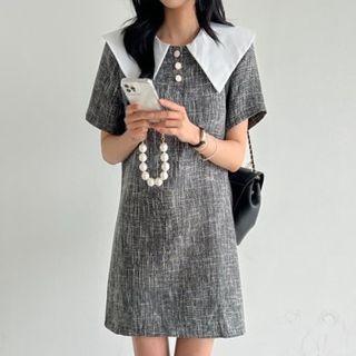 Wide-collar Tweed Shift Dress